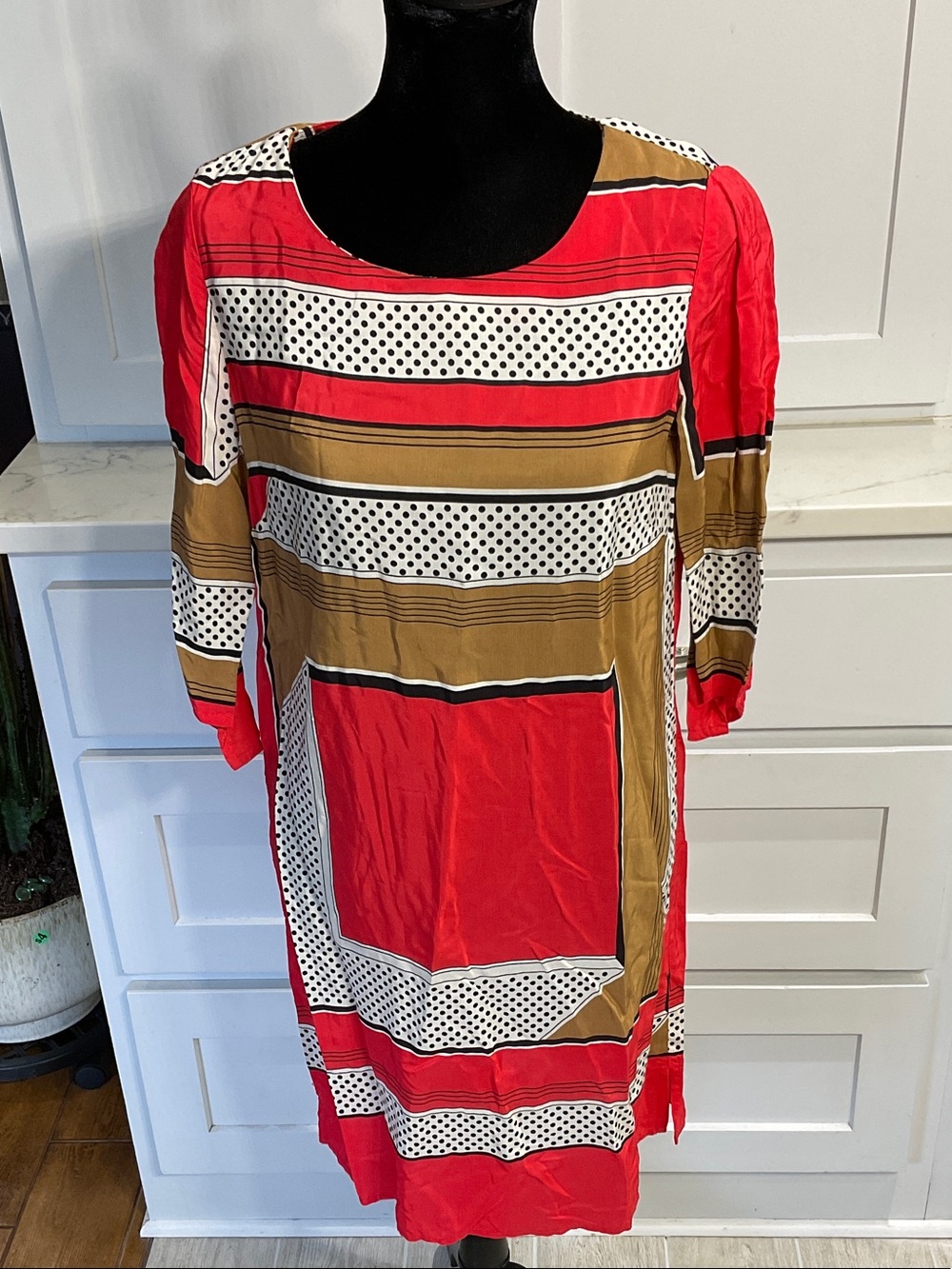 MNG Collection Red and Tan Geometric Midi Dress